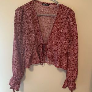 SHEIN Red Floral Polka Dot Tie Top